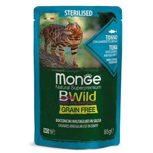 MONGE CAT BWILD STERILISED TUNA konservi kaķiem Tuncis, garneles, dārzeņi 85g